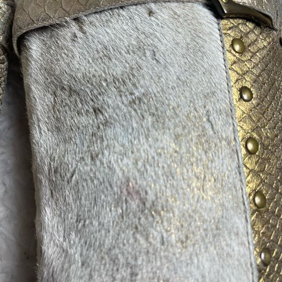 Leather Calf hair beige&gold snake skin pointed toe knee high heels boot… - Picture 14 of 14